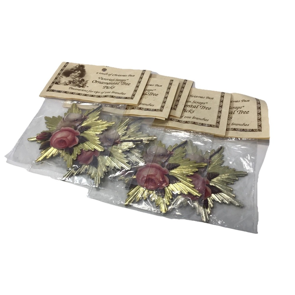 Reproduction Victorian Scraps Ornamental Christmas Tree Picks Birds Flowers Set